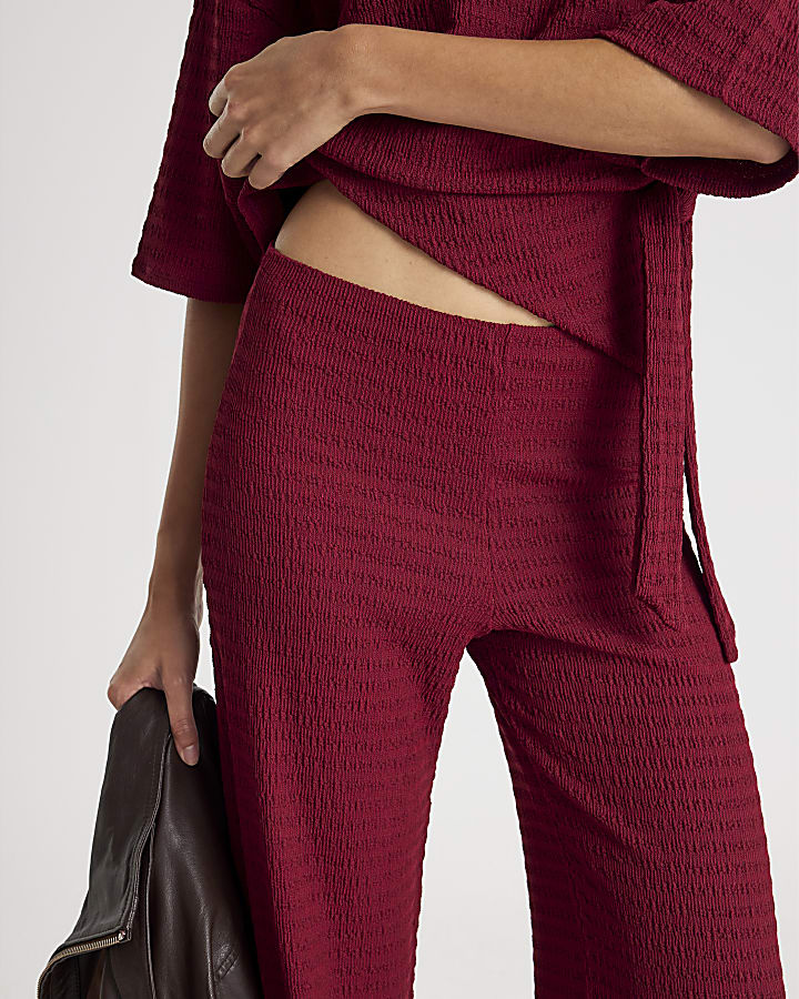 Red Textured Wide Leg Trousers