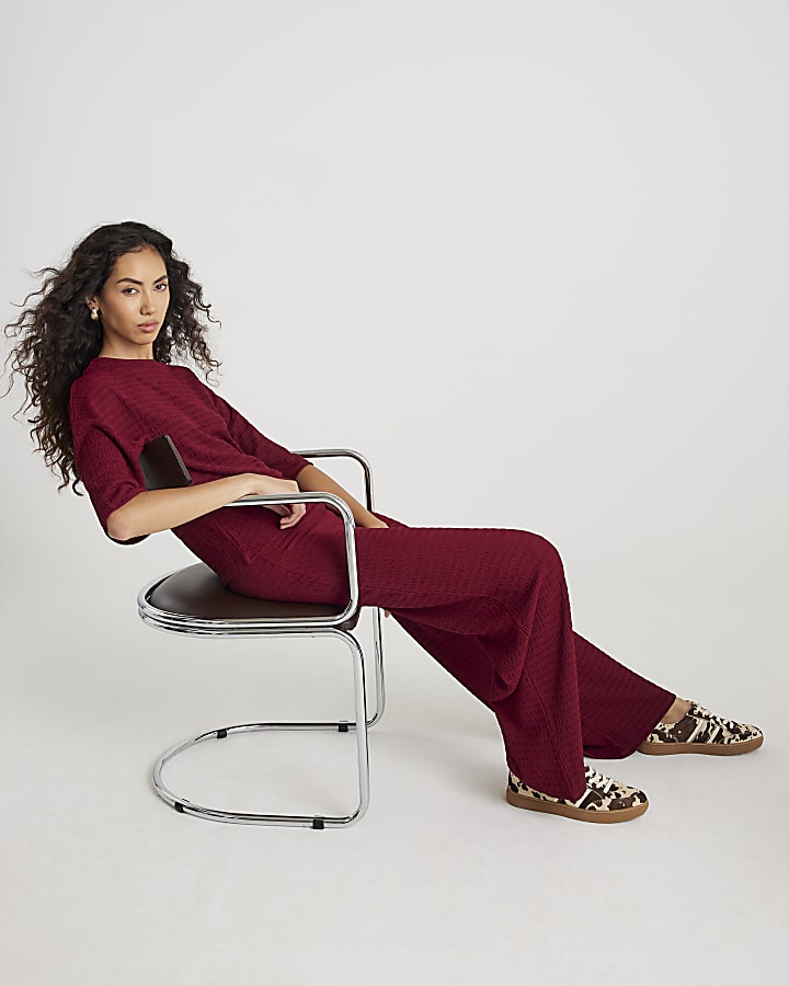 Red Textured Wide Leg Trousers