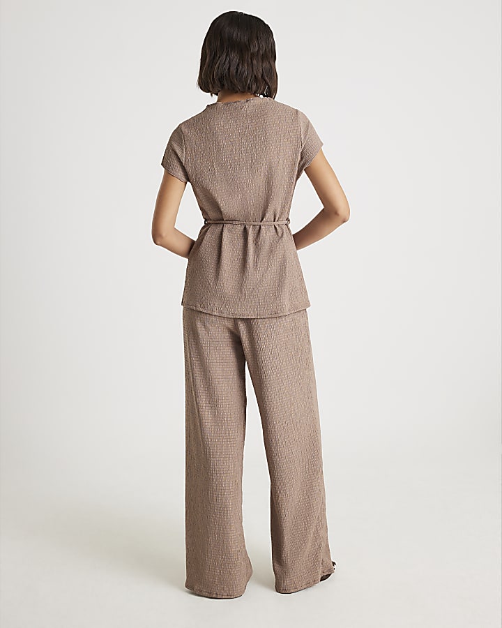 Brown Textured Wide Leg Trousers