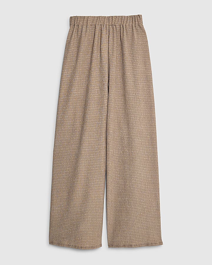 Brown Textured Wide Leg Trousers