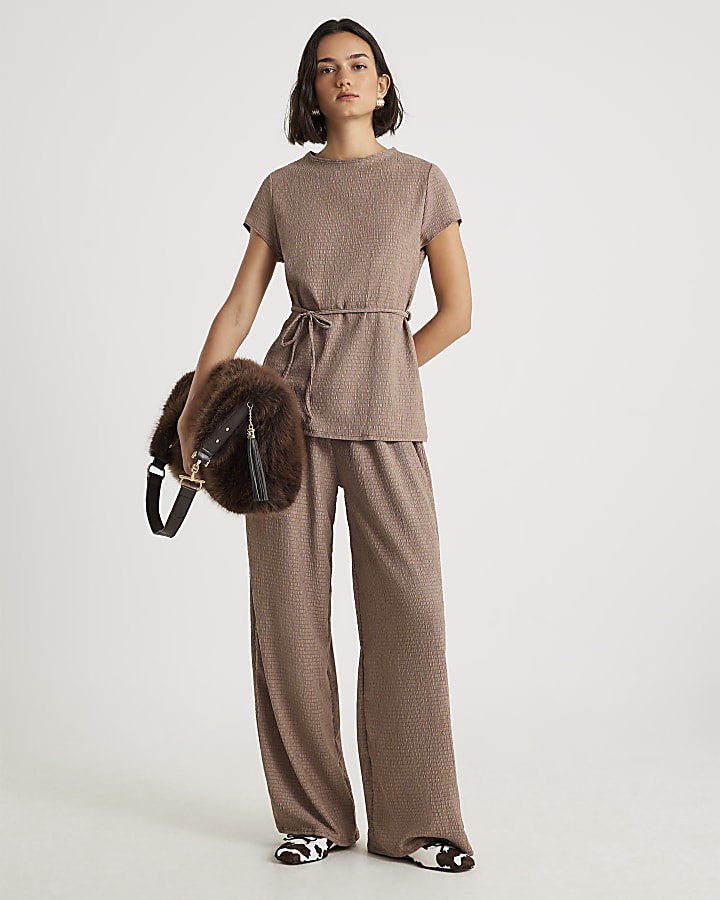 Brown Textured Wide Leg Trousers