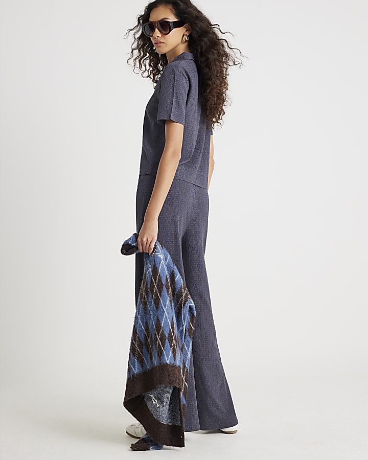 Grey Textured Wide Leg Trousers