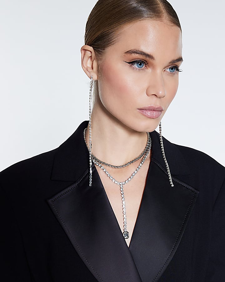 Silver Multi row Lariat Necklace