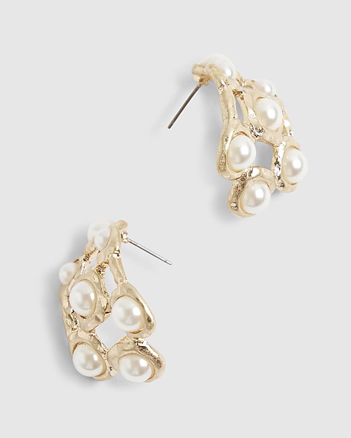 Gold pearl half hoop earrings