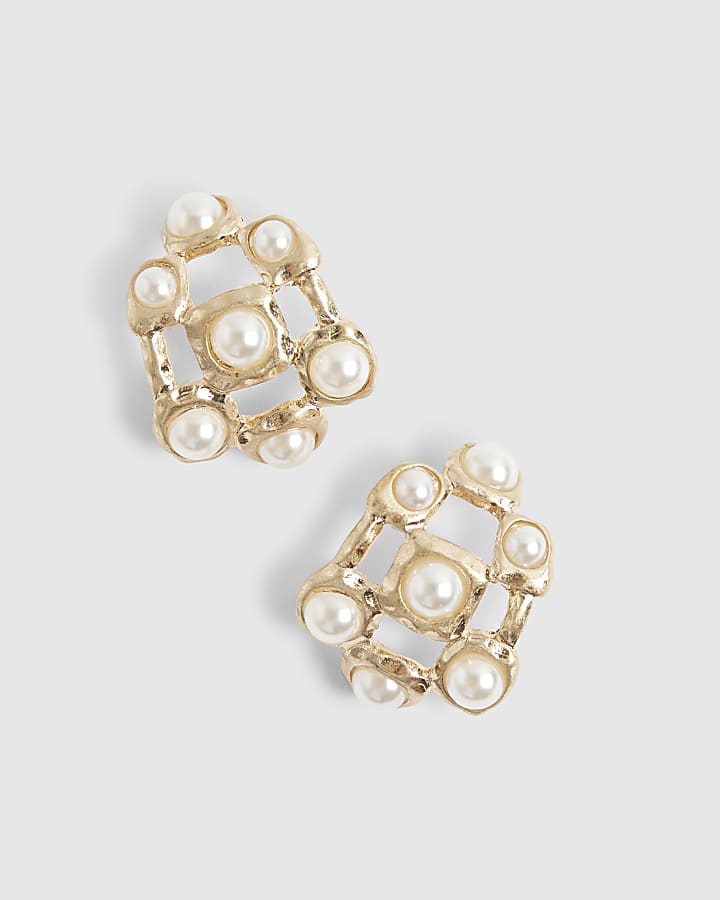 Gold pearl half hoop earrings