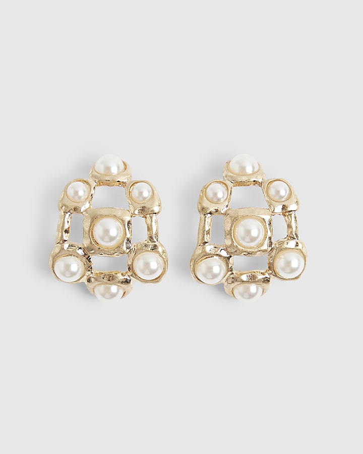 Gold pearl half hoop earrings