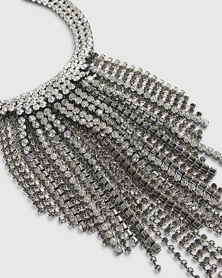 Silver Diamante Collar Tassel Drop Necklace