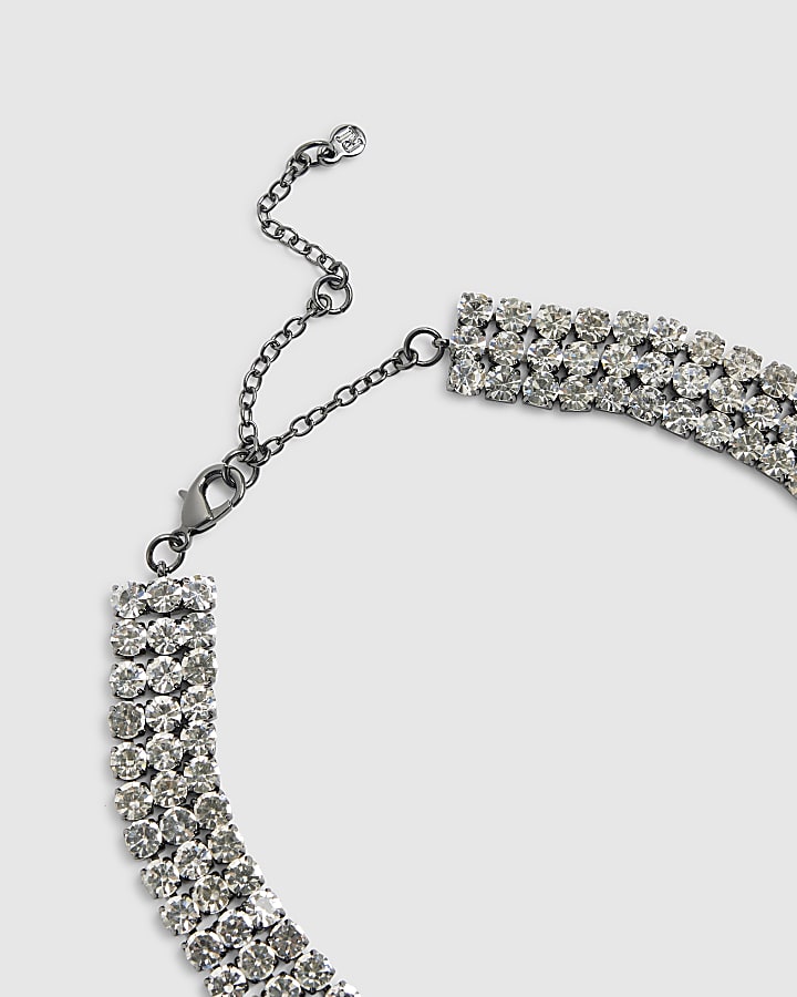 Silver Diamante Collar Tassel Drop Necklace