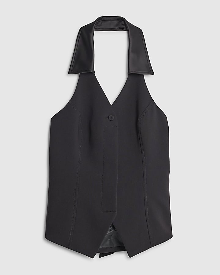 Black Halter Neck Collared Top