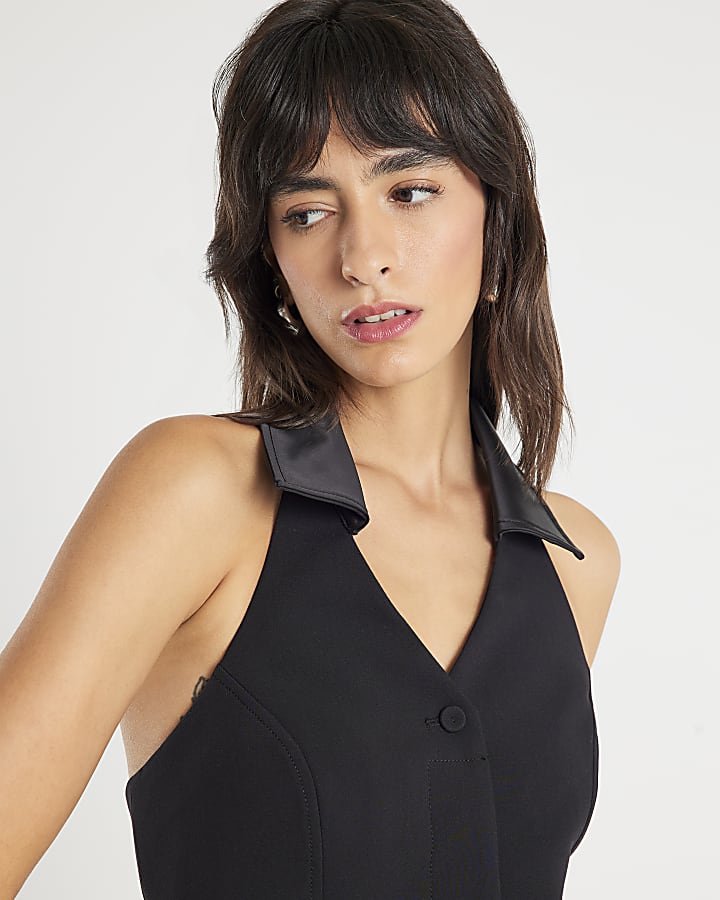 Black Halter Neck Collared Top