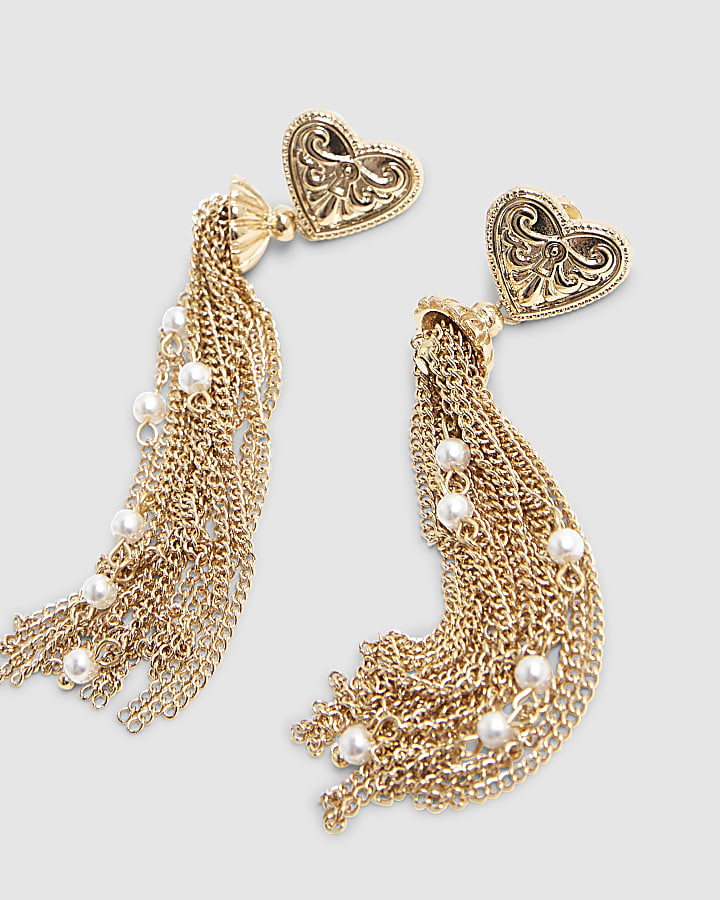 Beige Heart Tassel Drop Earrings