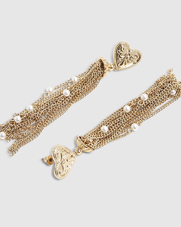 Beige Heart Tassel Drop Earrings