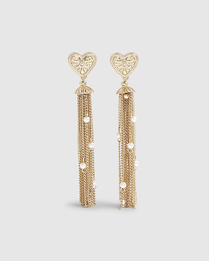 Beige Heart Tassel Drop Earrings