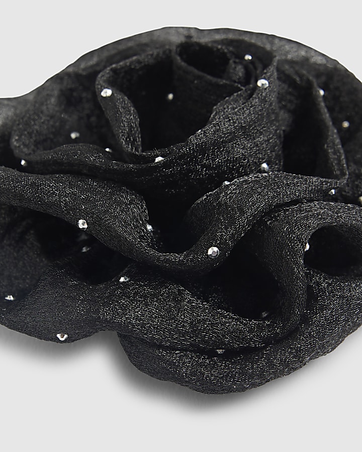 Black Embellished Flower Brooch