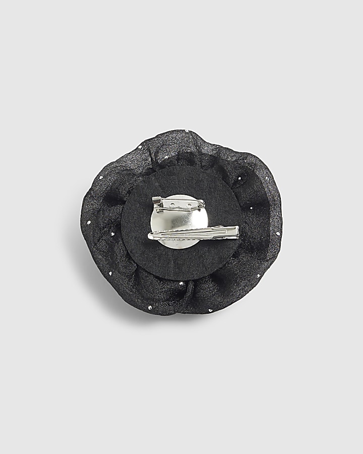 Black Embellished Flower Brooch