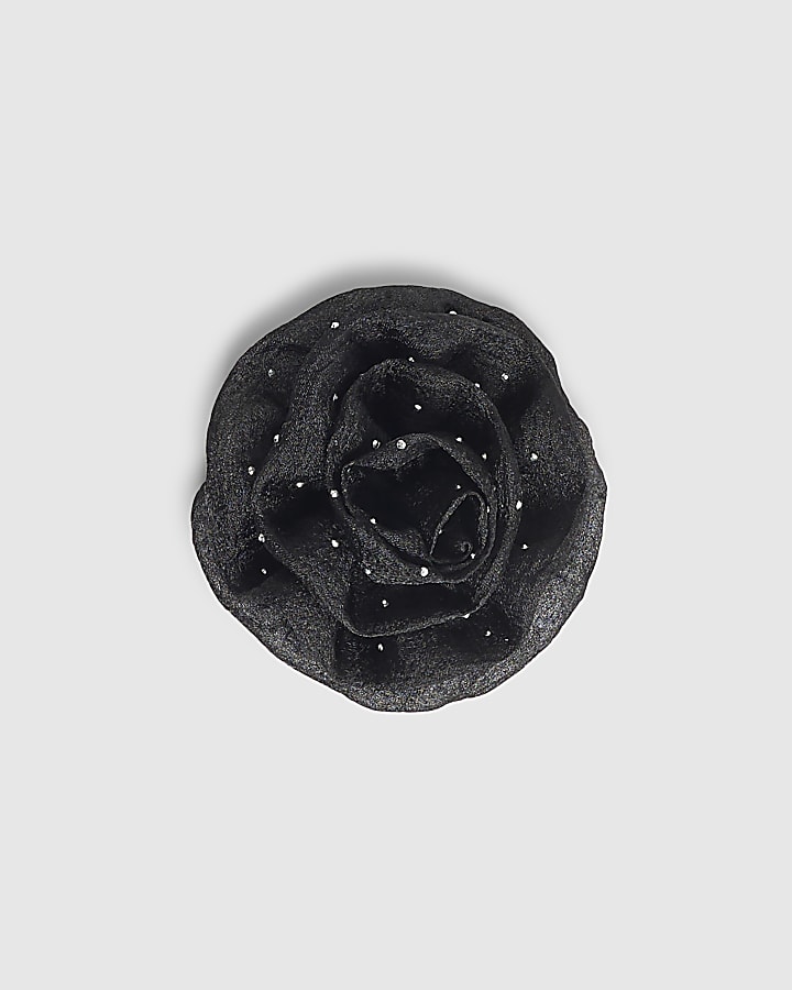 Black Embellished Flower Brooch