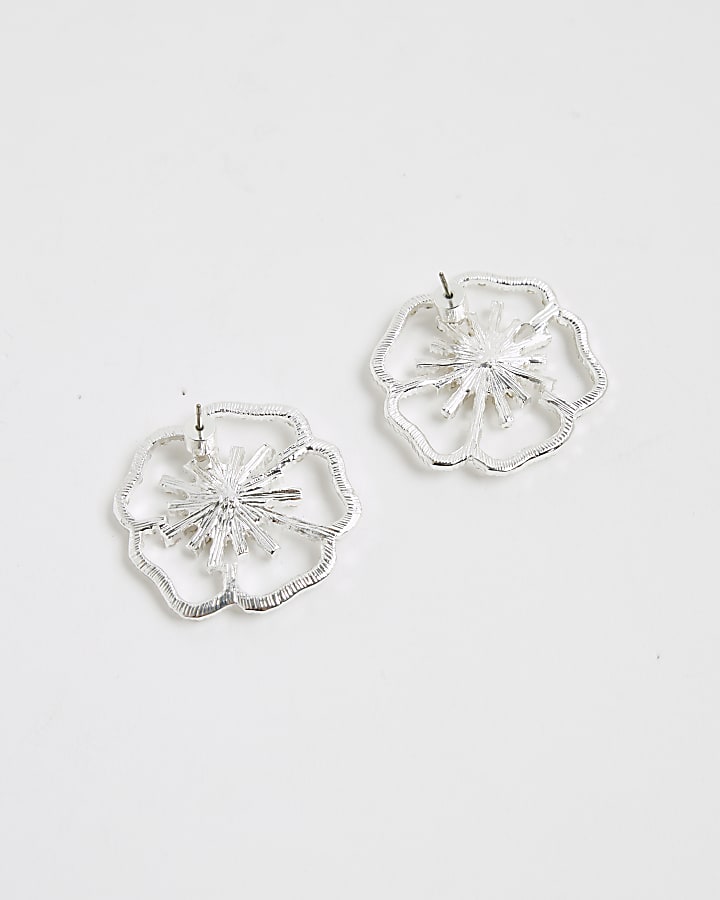 Silver Rhinestone Flower Stud Earrings