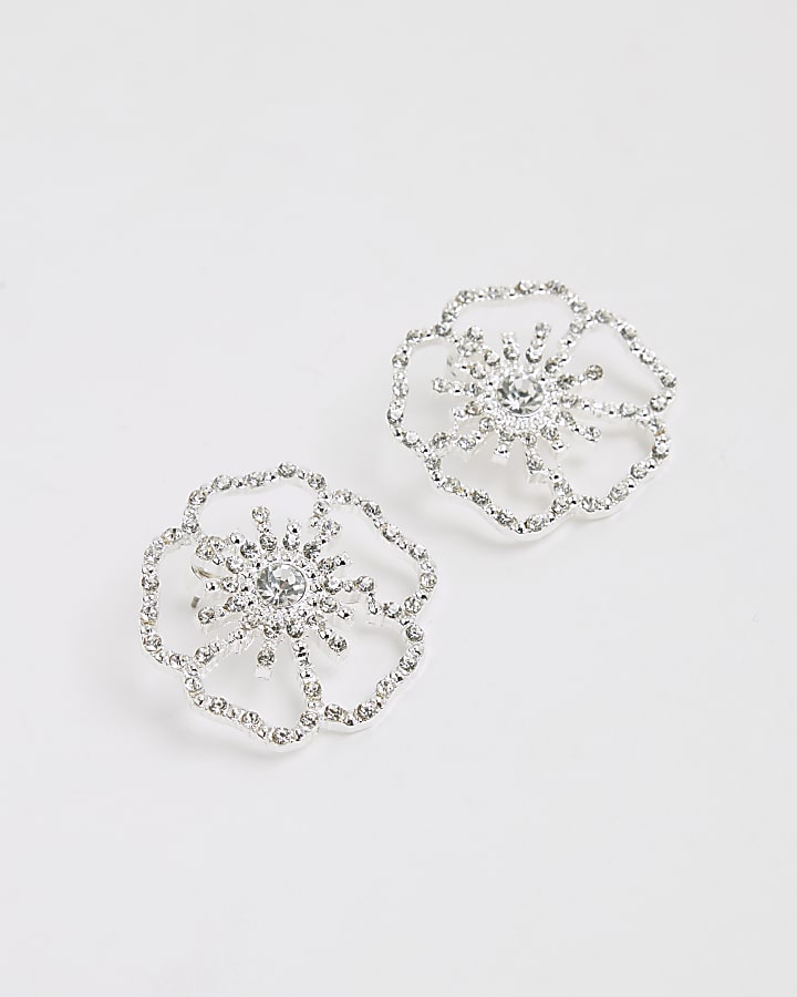 Silver Rhinestone Flower Stud Earrings