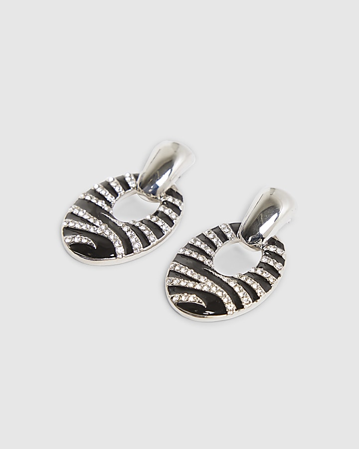 Black Oval Stripe Drop Earrings