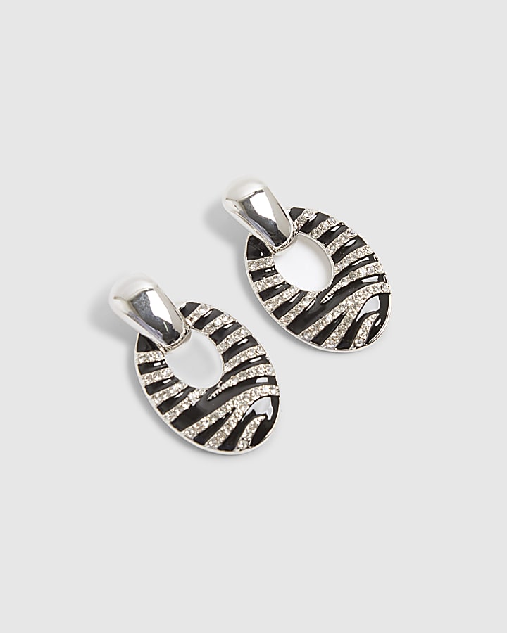 Black Oval Stripe Drop Earrings