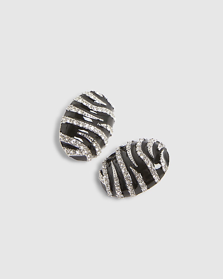 Black Oval Stripe Stud Earrings