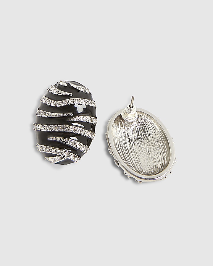 Black Oval Stripe Stud Earrings