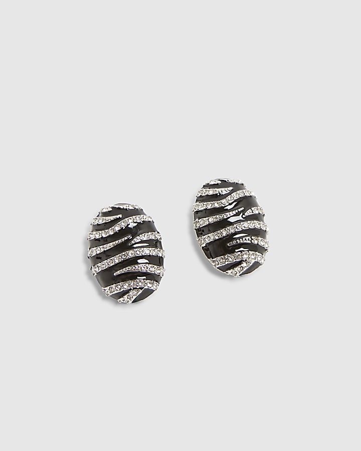 Black Oval Stripe Stud Earrings