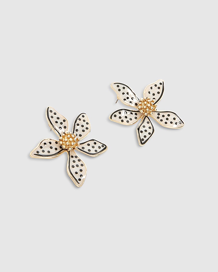 White Polka Dot Flower Stud Earrings