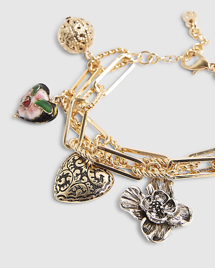 Gold Mixed Metal Charm Chain Bracelet
