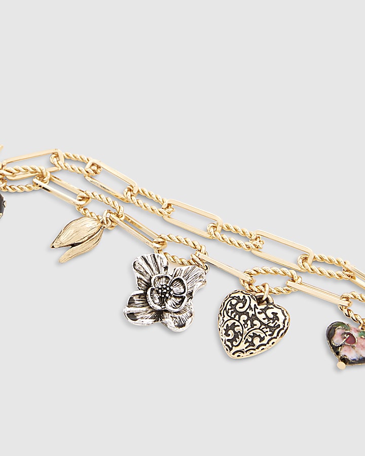 Gold Mixed Metal Charm Chain Bracelet