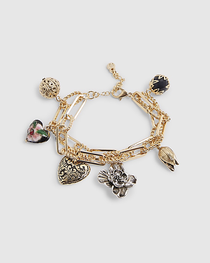 Gold Mixed Metal Charm Chain Bracelet