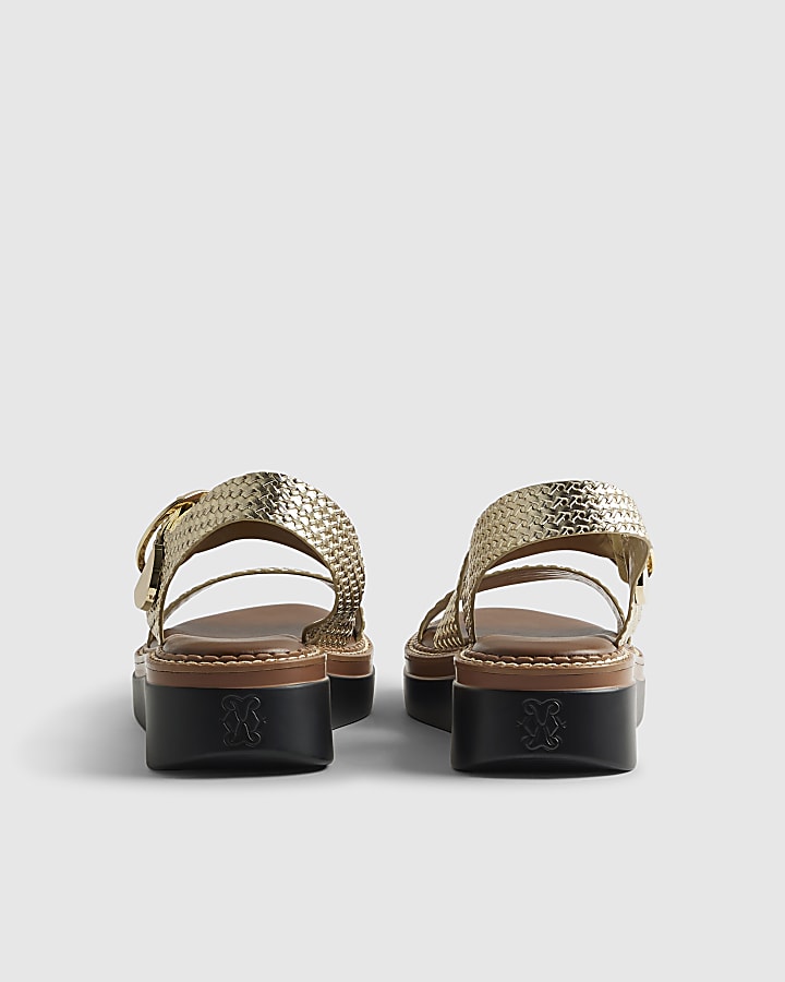 Gold Woven Buckle Flatform Sandals