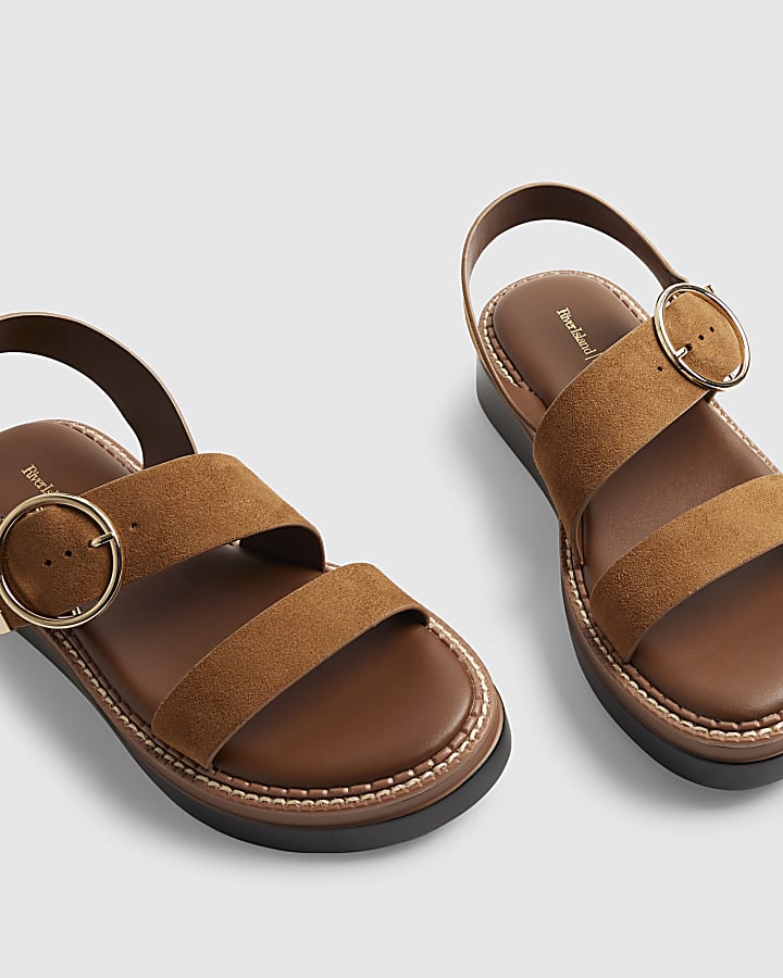 Brown Two Part Ring Buckle Flatform Sandals