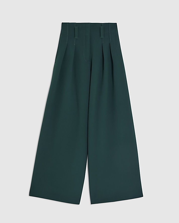 Petite Green High Waist Wide Leg Trousers