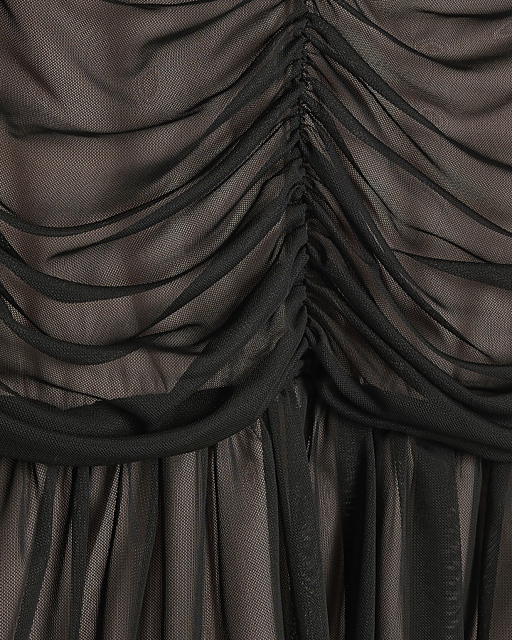Black Mesh Contrast Ruched Top