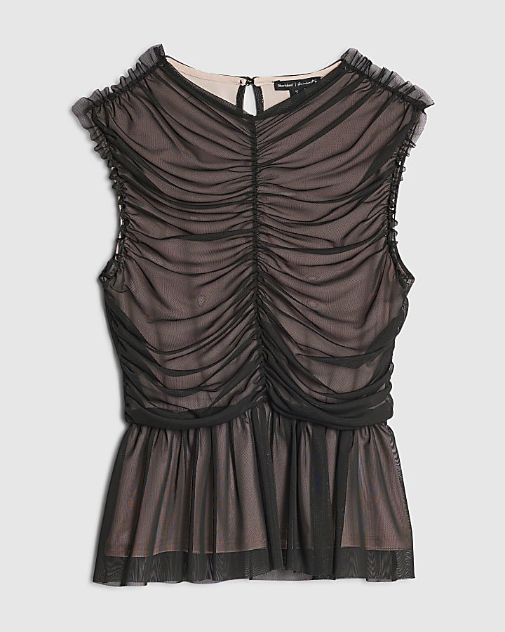 Black Mesh Contrast Ruched Top
