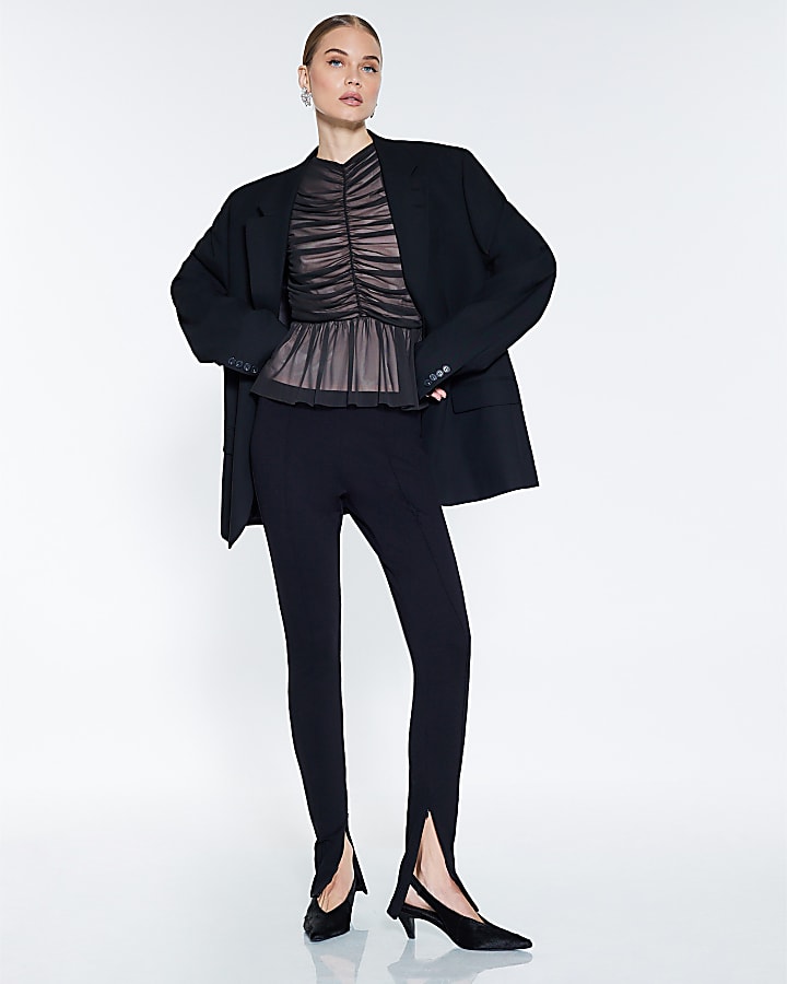Black Mesh Contrast Ruched Top
