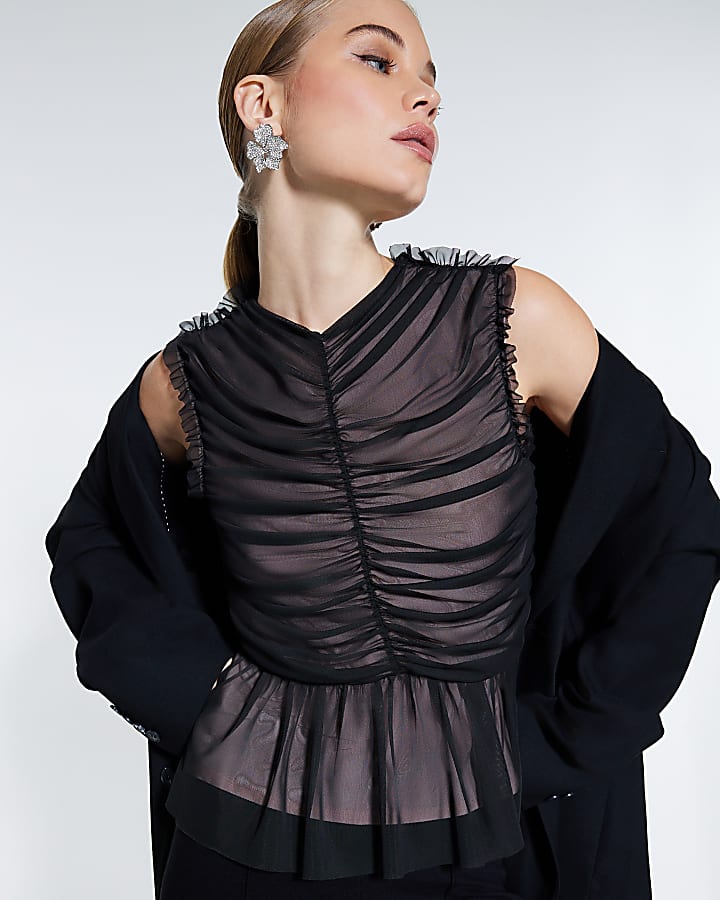 Black Mesh Contrast Ruched Top