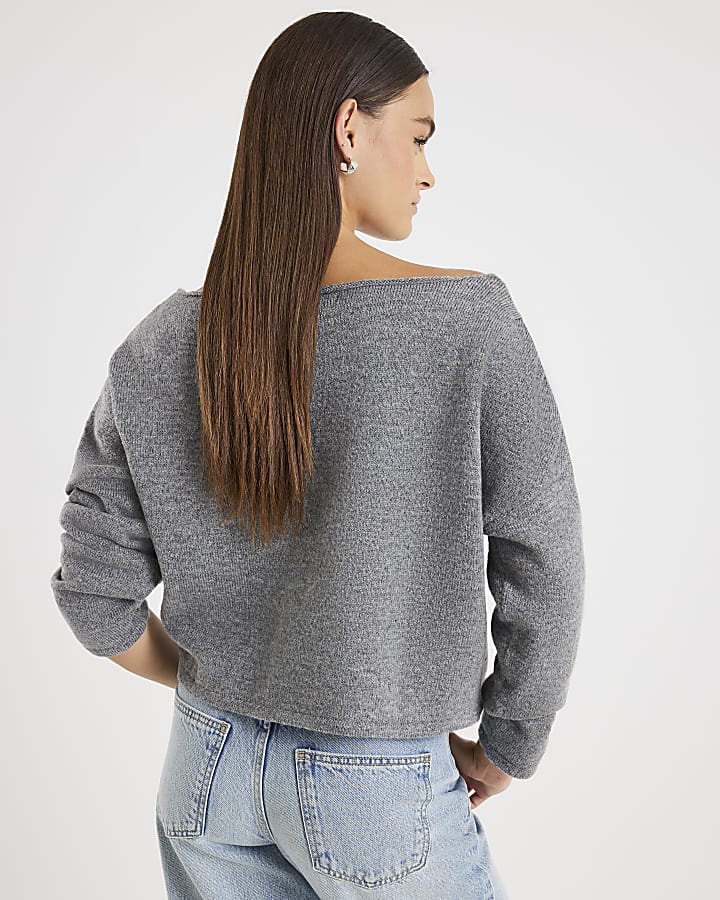 Grey Knitted Off The Shoulder Jumper