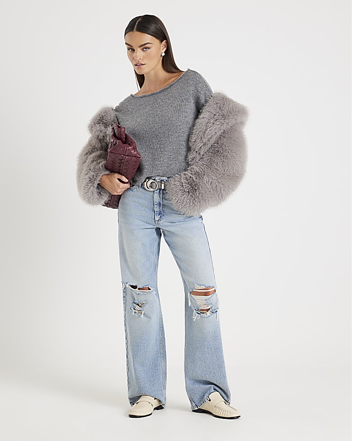 Grey Knitted Off The Shoulder Jumper