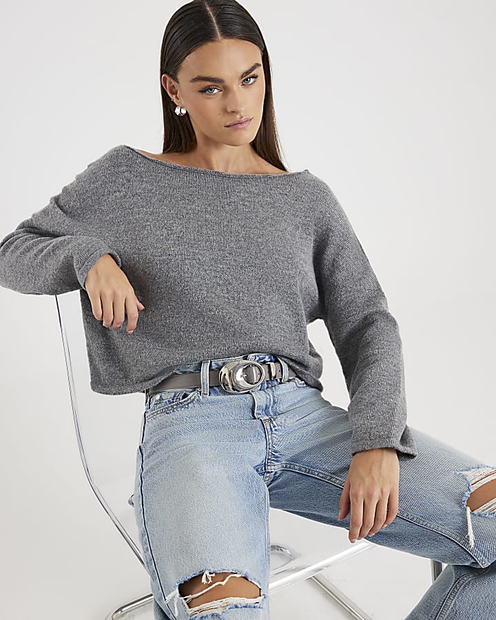 Grey Knitted Off The Shoulder Jumper