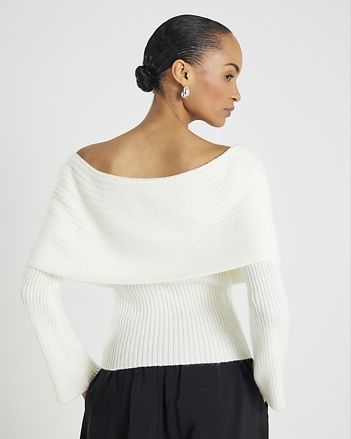 Cream Knitted Long Sleeve Bardot Jumper