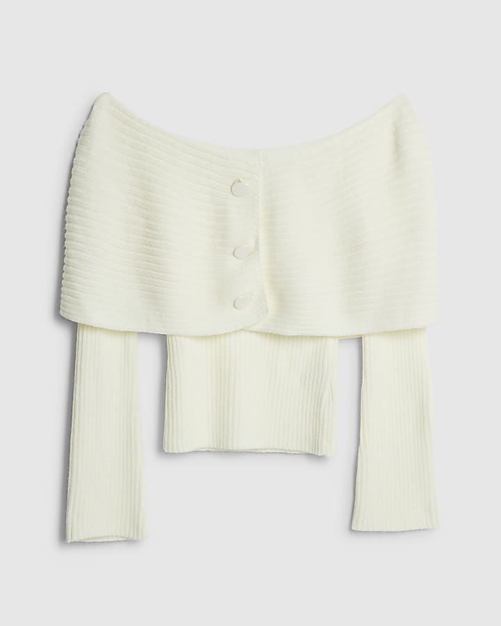 Cream Knitted Long Sleeve Bardot Jumper