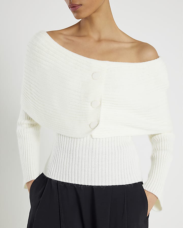 Cream Knitted Long Sleeve Bardot Jumper