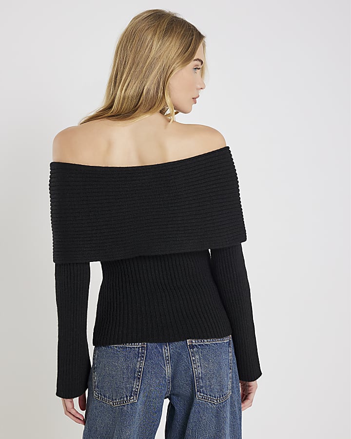 Black Knitted Long Sleeve Bardot Jumper