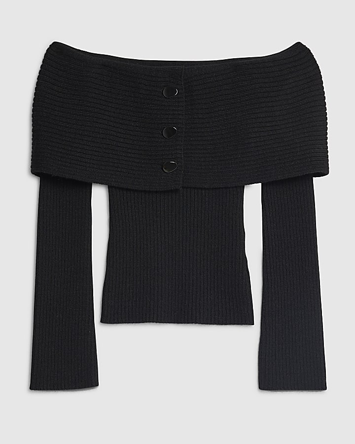 Black Knitted Long Sleeve Bardot Jumper