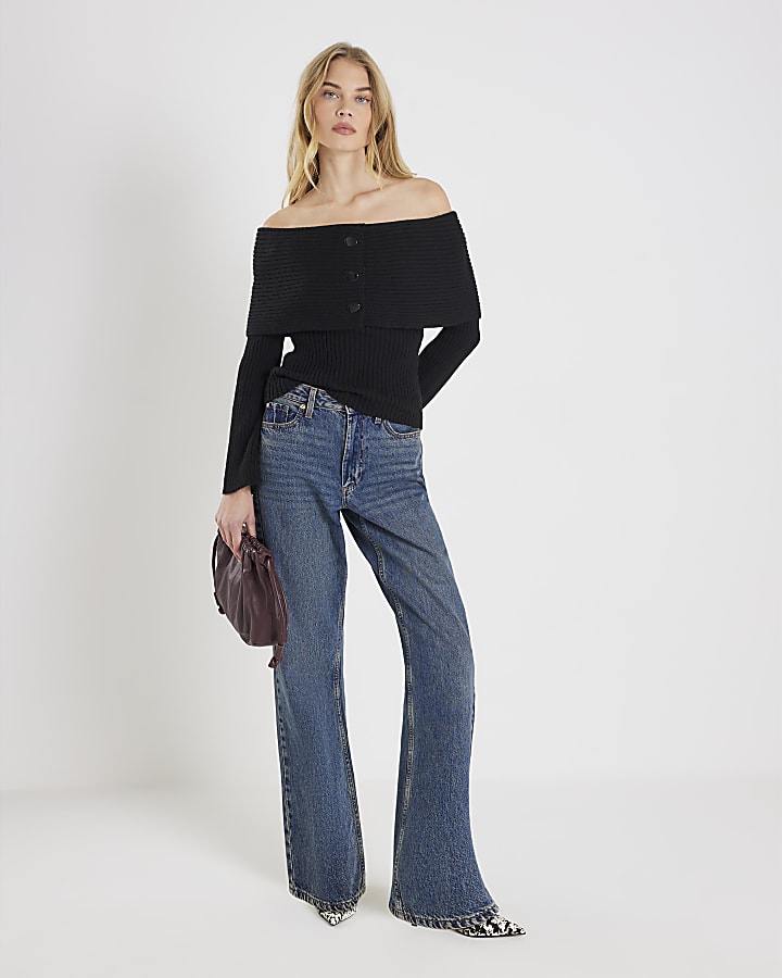 Black Knitted Long Sleeve Bardot Jumper