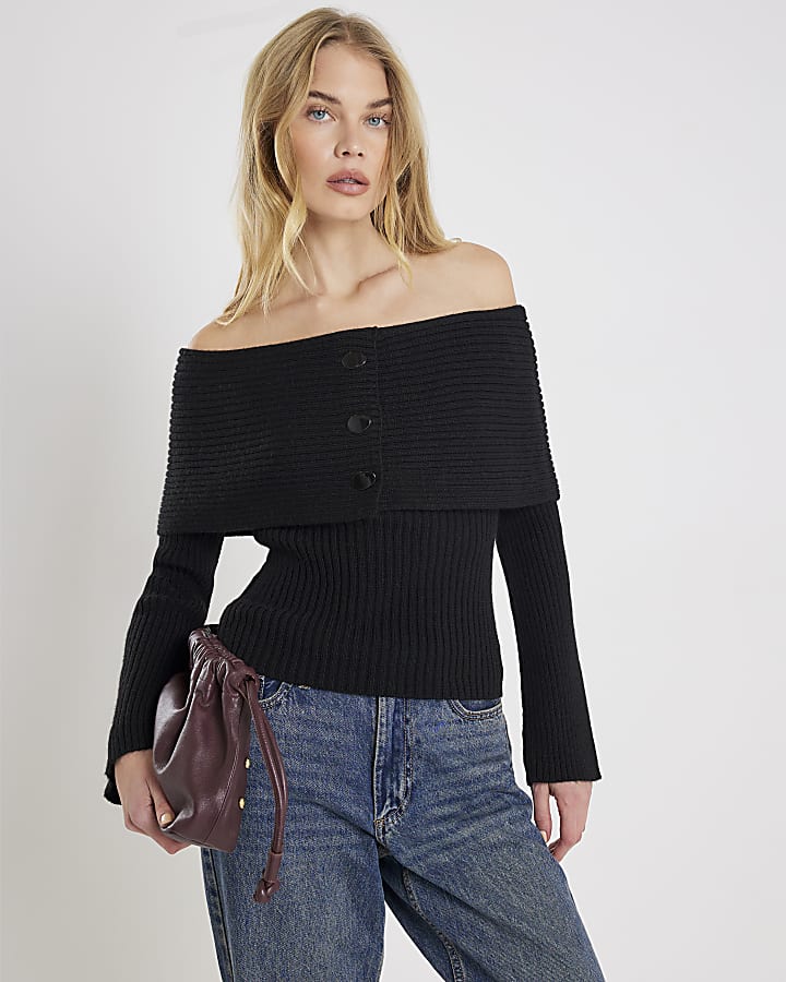 Black Knitted Long Sleeve Bardot Jumper