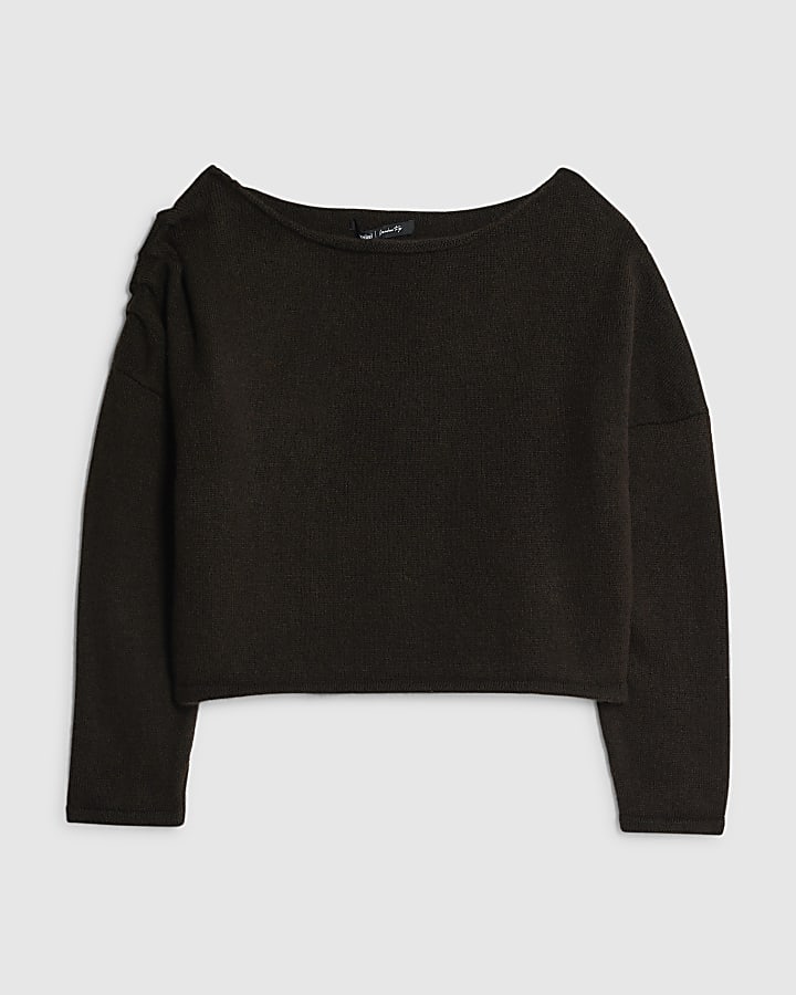 Brown Knitted Off The Shoulder Jumper