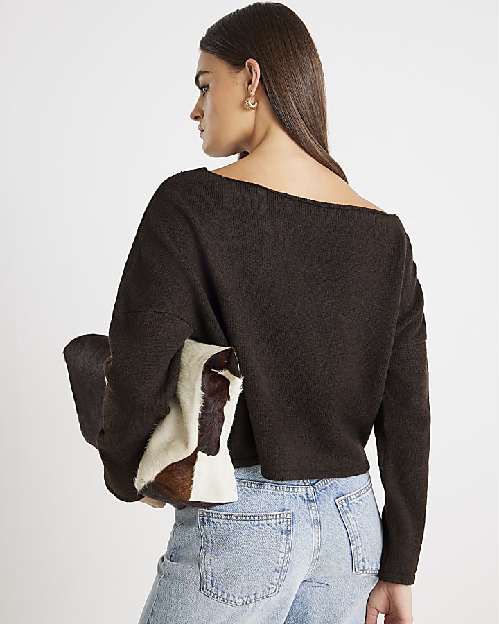 Brown Knitted Off The Shoulder Jumper
